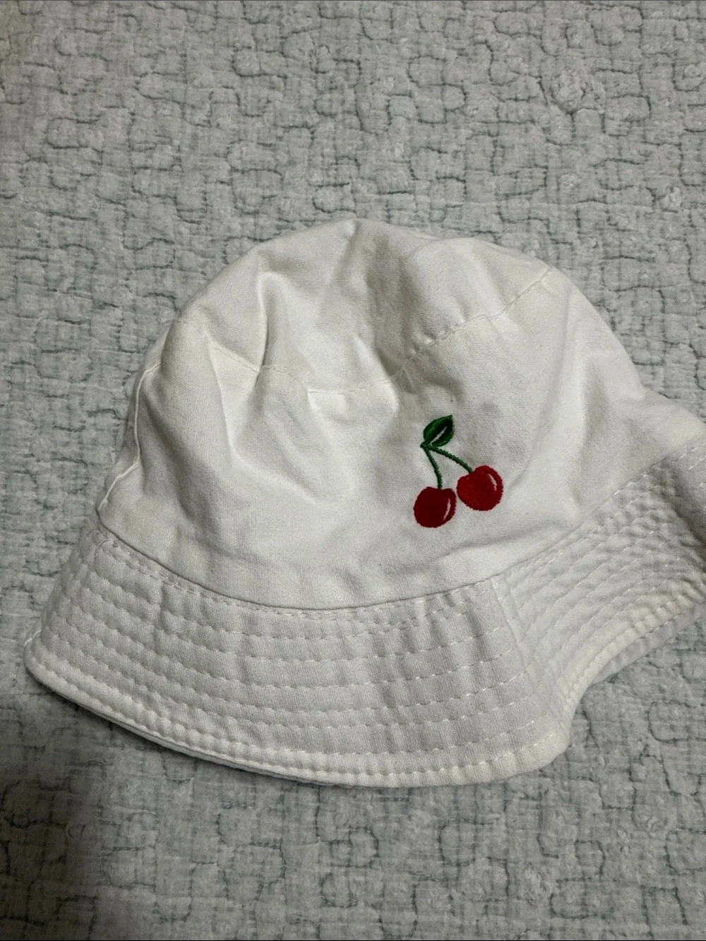 White Kids Cherry Embroidered Bucket Hat